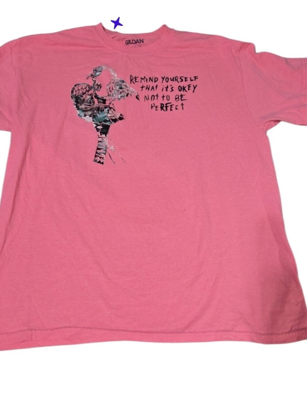 Womams Lg Gildan Pink Graphic Tee with Floral Silhouette and Motivational Text